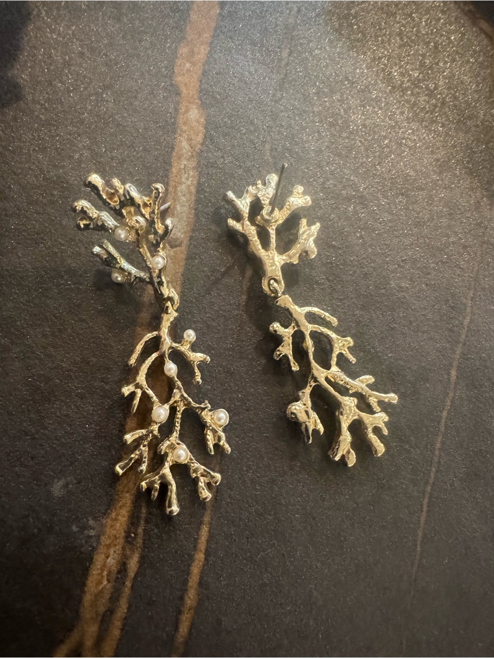 Gold Coral Branch Drop Earrings with Pearled Accents - Women Jewelry
